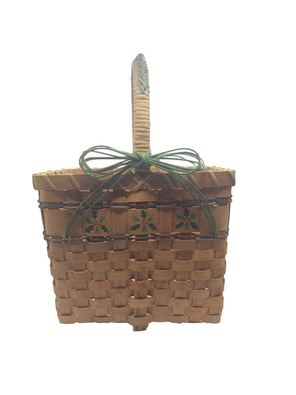Holly & Berry Basket Woven Wood Bentwood Handle Hand Painted Christmas Vintage